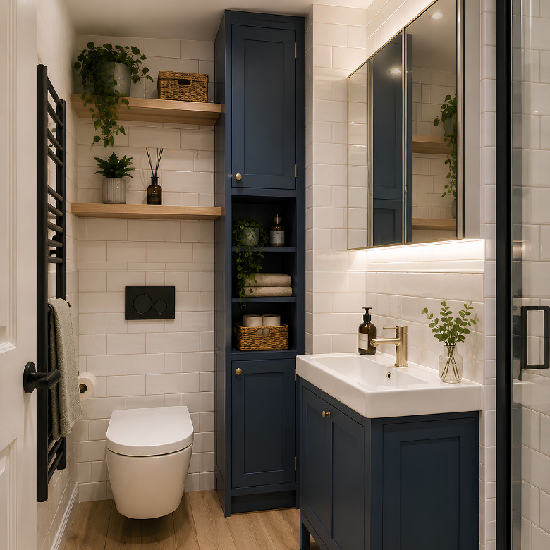 Small bathroom with navy vanity unit, tall storage cabinet, wall-hung toilet and open wooden shelves.