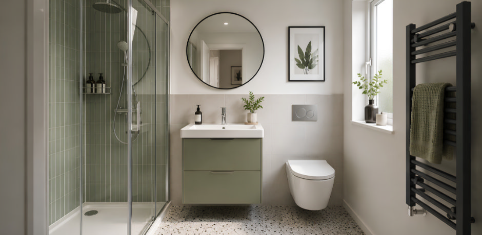 Small bathroom design with walk-in shower, wall-mounted vanity unit, toilet and heated towel rail.