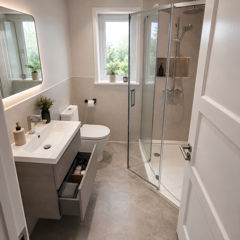 Small bathroom with corner shower enclosure, vanity unit with storage, toilet and large illuminated mirror.