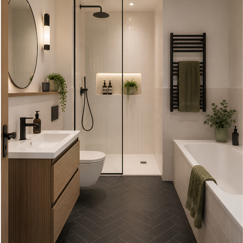 Small bathroom with navy vanity unit, tall storage cabinet, wall-hung toilet and open wooden shelves.