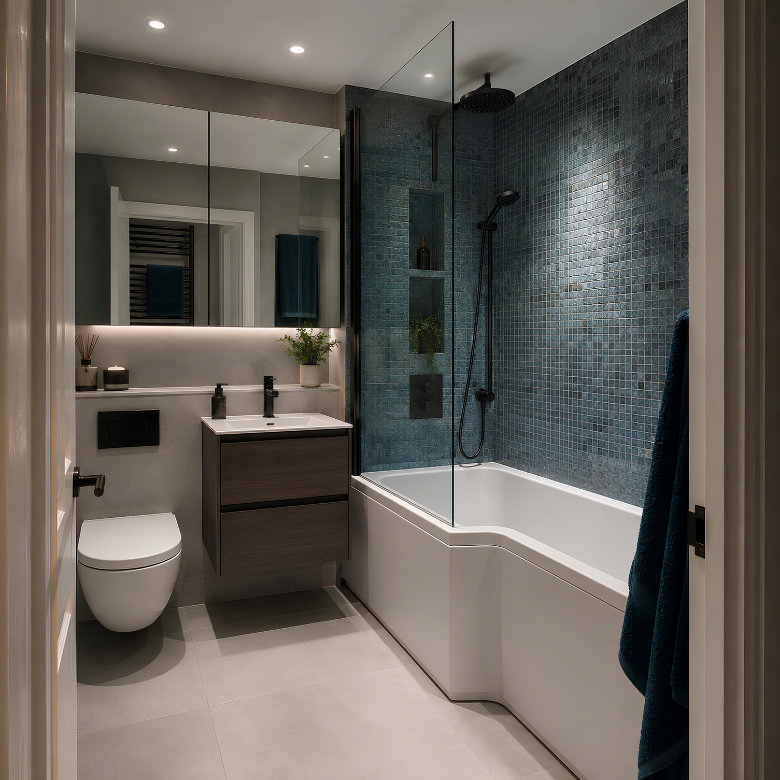 Small bathroom with shower bath, blue mosaic tiles, wall-hung toilet and compact vanity unit.