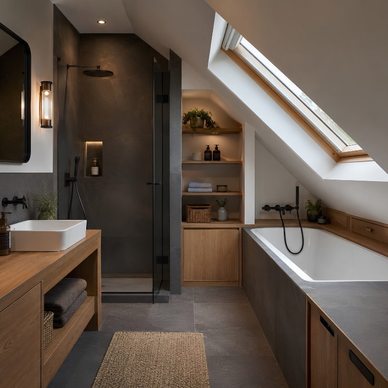 Small loft bathroom with sloped ceiling, walk-in shower, bath, wooden vanity and built-in storage.