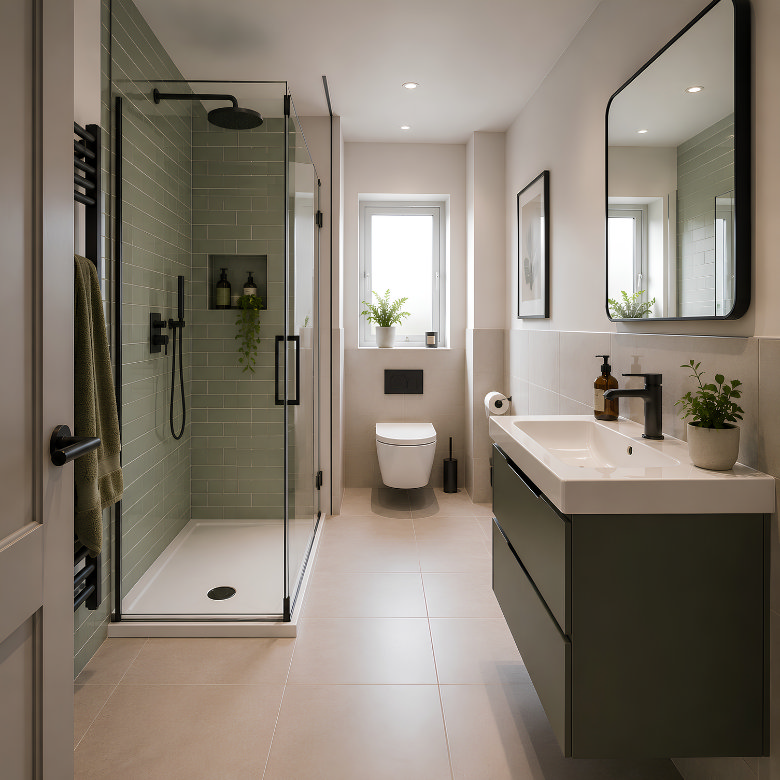 Small bathroom design with walk-in shower, green tiles, wall-hung toilet, vanity unit and large mirror.