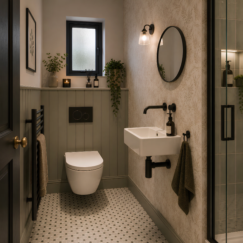 Very small bathroom with compact basin, wall-hung toilet, walk-in shower and patterned floor tiles.