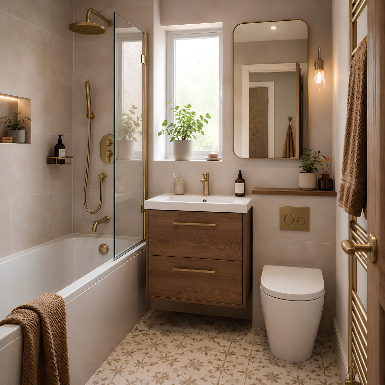 Small bathroom with shower bath, wall-hung vanity, compact toilet and brushed brass fittings.