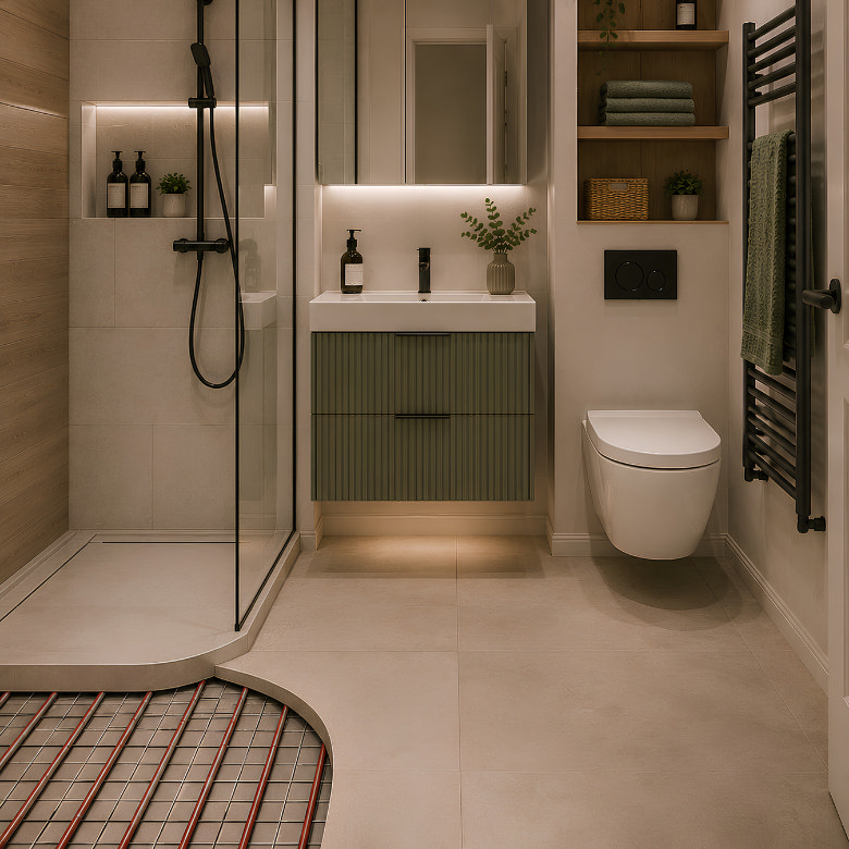 Small bathroom with underfloor heating, walk-in shower, green vanity unit, wall-hung toilet and built-in storage.
