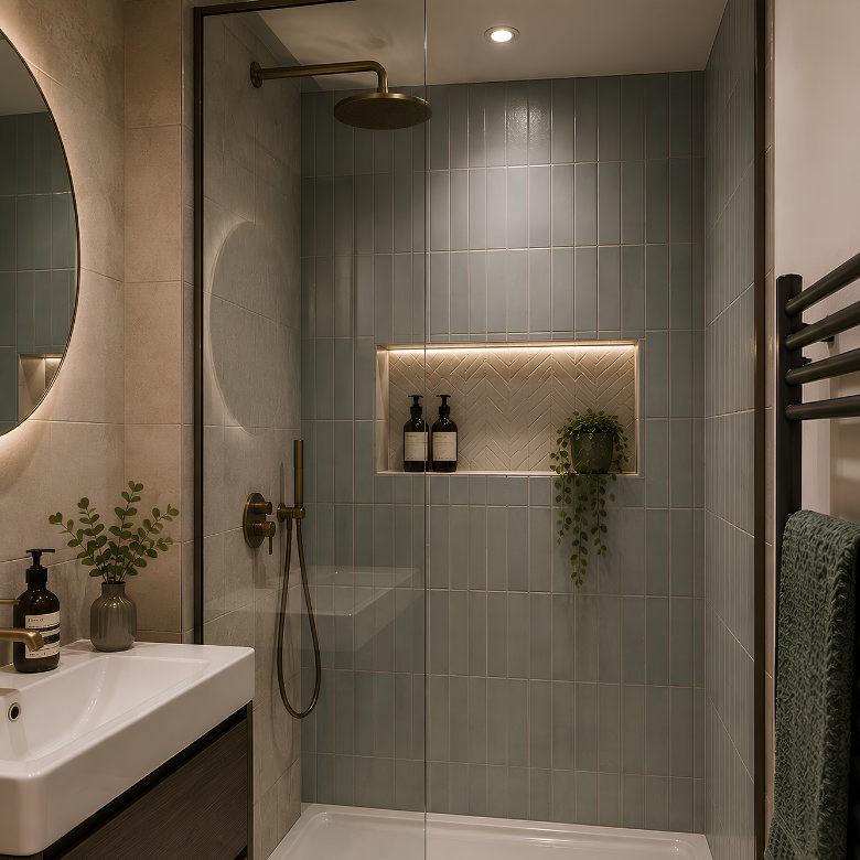 Small bathroom shower with sage green tiles, walk-in glass screen and illuminated recessed shower niche.