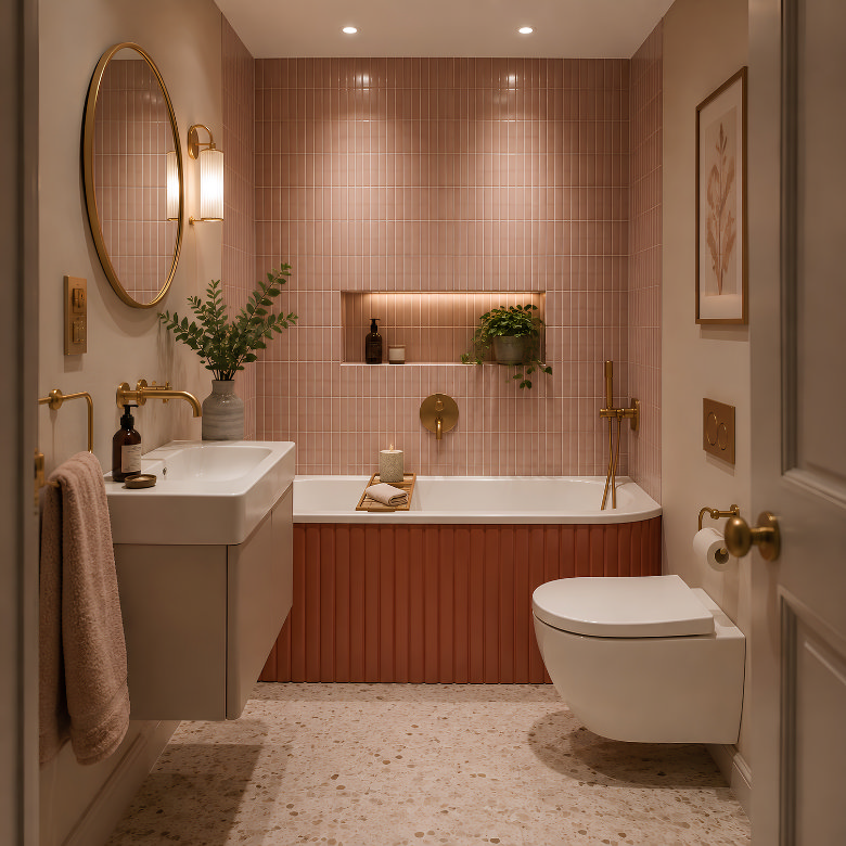 Small pink bathroom with tiled bath, wall-hung toilet, compact basin and brushed brass fittings.
