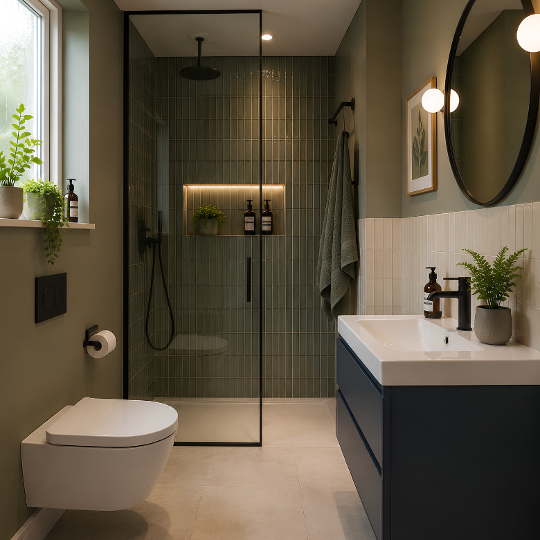 Small bathroom with walk-in shower, green tiles, navy vanity unit, wall-hung toilet and recessed shower niche.