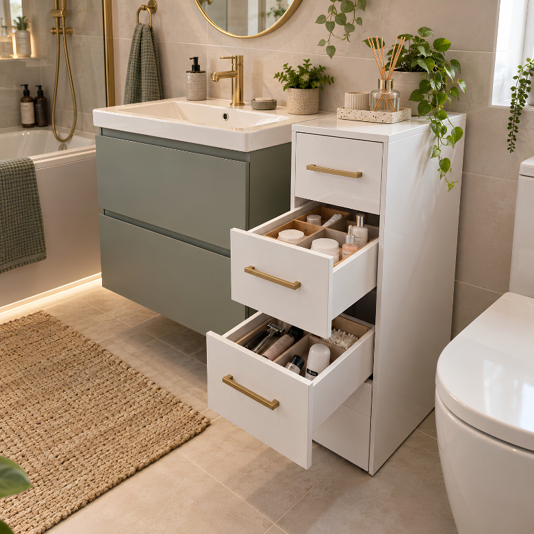 Bathroom storage drawers open to show organised toiletries beside a wall hung vanity unit