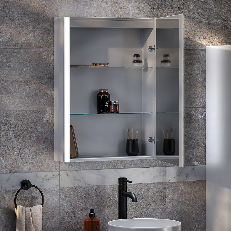 Open mirrored bathroom cabinet with glass shelves storing everyday toiletries above a basin