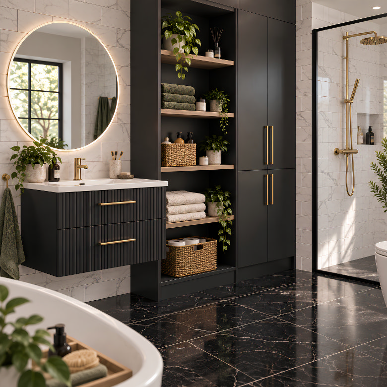 Built-in bathroom storage with tall cupboards and open shelving for neatly organising towels, toiletries and baskets