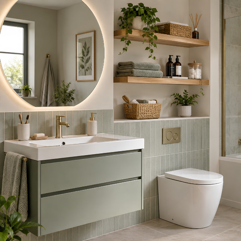 Wooden bathroom shelves with baskets, towels and toiletries providing open storage above the toilet