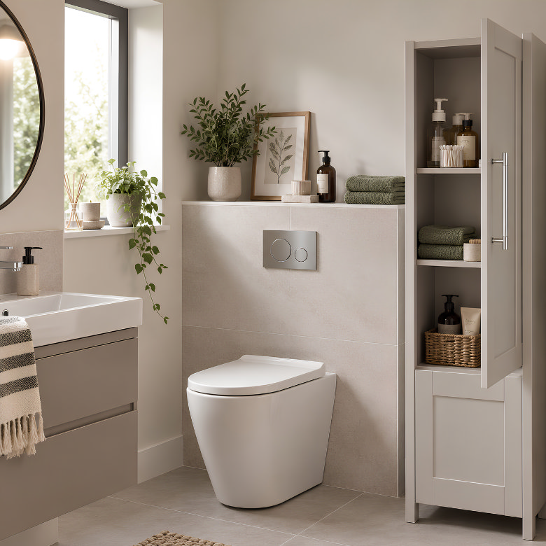 Tall freestanding bathroom storage cabinet with open door showing shelves for towels, toiletries and baskets