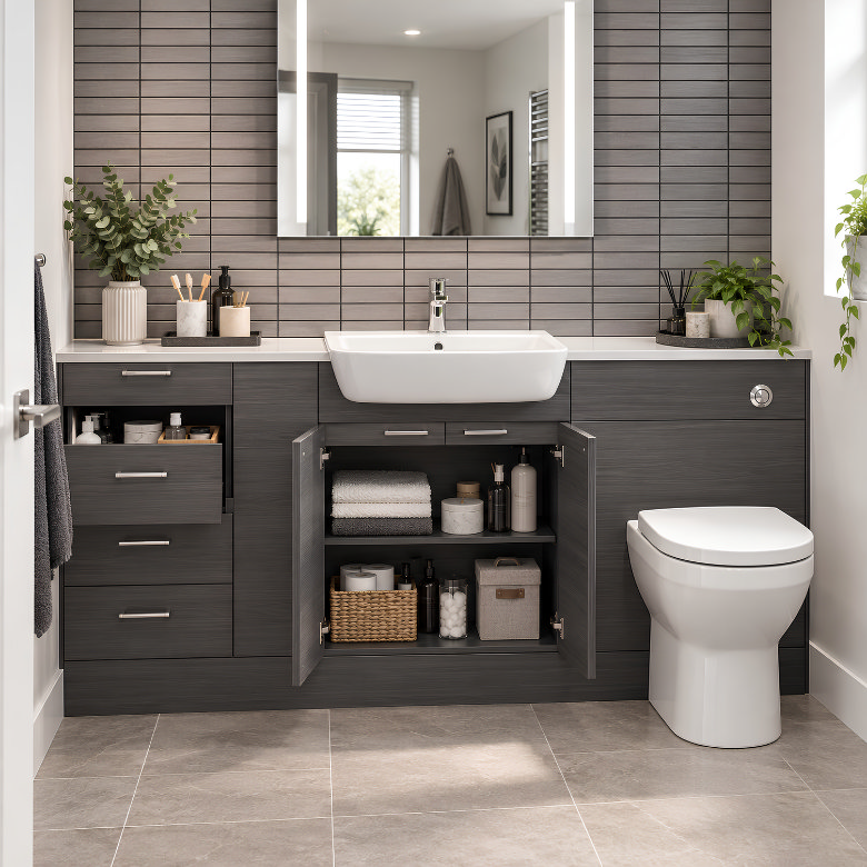Fitted bathroom furniture with open cupboards and drawers providing organised storage around the basin and toilet