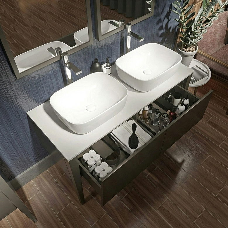 Double basin bathroom vanity unit with open drawer storage for toiletries, towels and everyday essentials