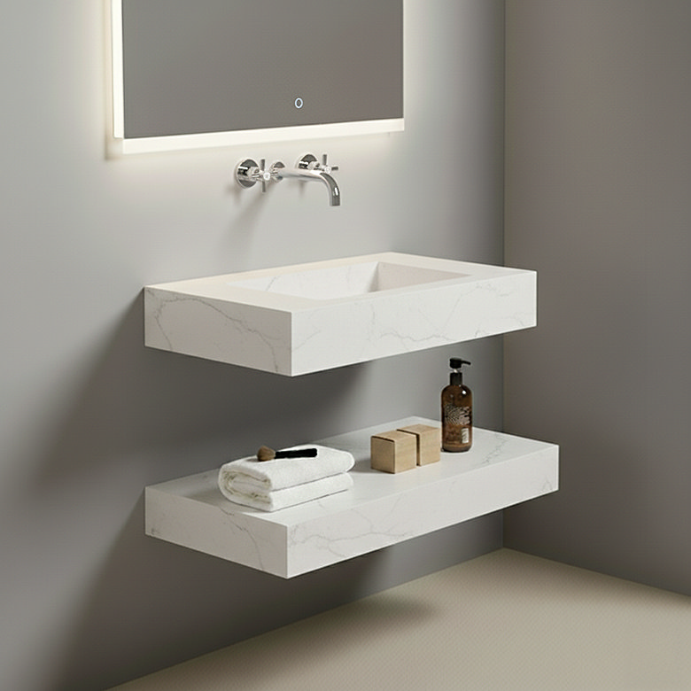 Wall hung bathroom basin with floating shelf underneath for storing towels and toiletries