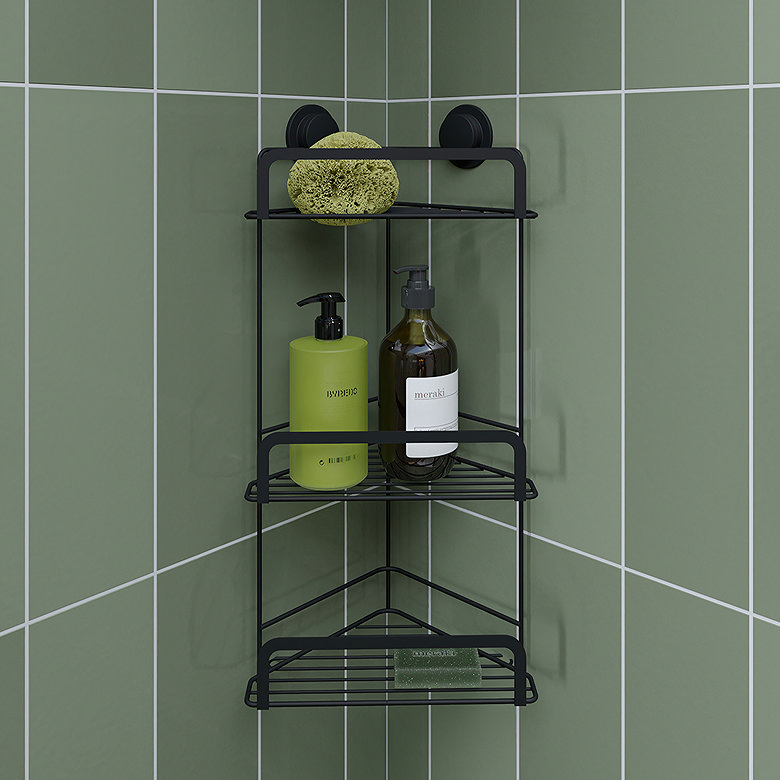 Black corner shower caddy with three storage shelves for toiletries, bottles and sponges