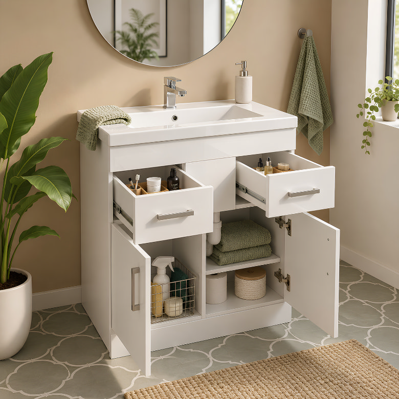 Bathroom vanity unit with open drawers and cupboards showing organised storage for toiletries, towels and cleaning products
