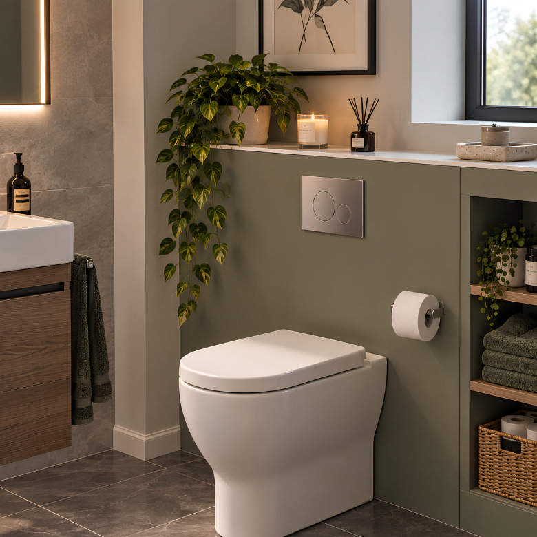 Concealed cistern wall with recessed bathroom shelving for storing towels, toiletries and baskets beside the toilet