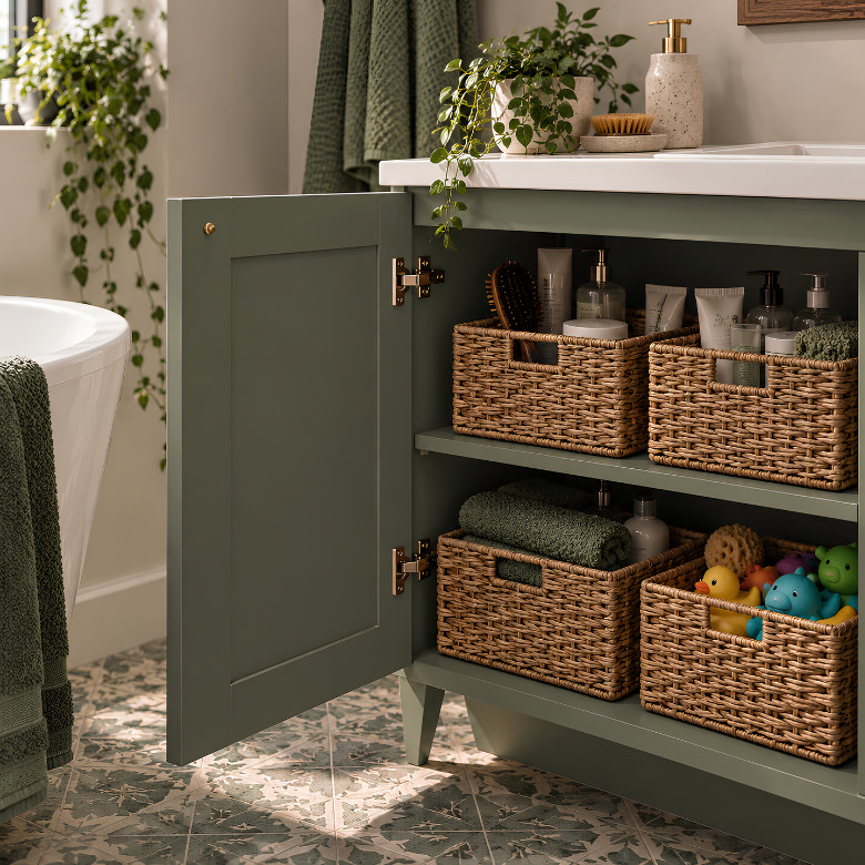 Bathroom cupboard with open door showing wicker baskets organising toiletries, towels and bath toys