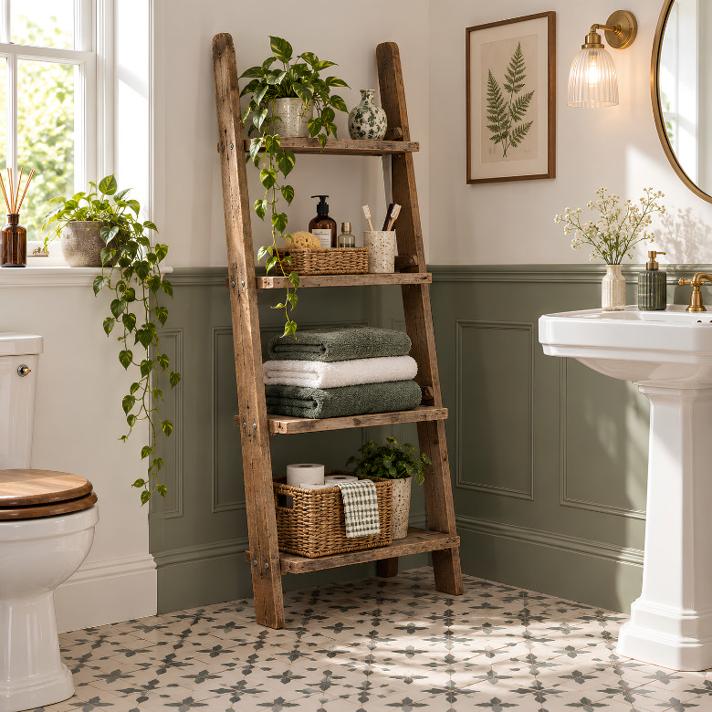 Wooden ladder shelf providing freestanding bathroom storage for folded towels, toiletries, baskets and plants