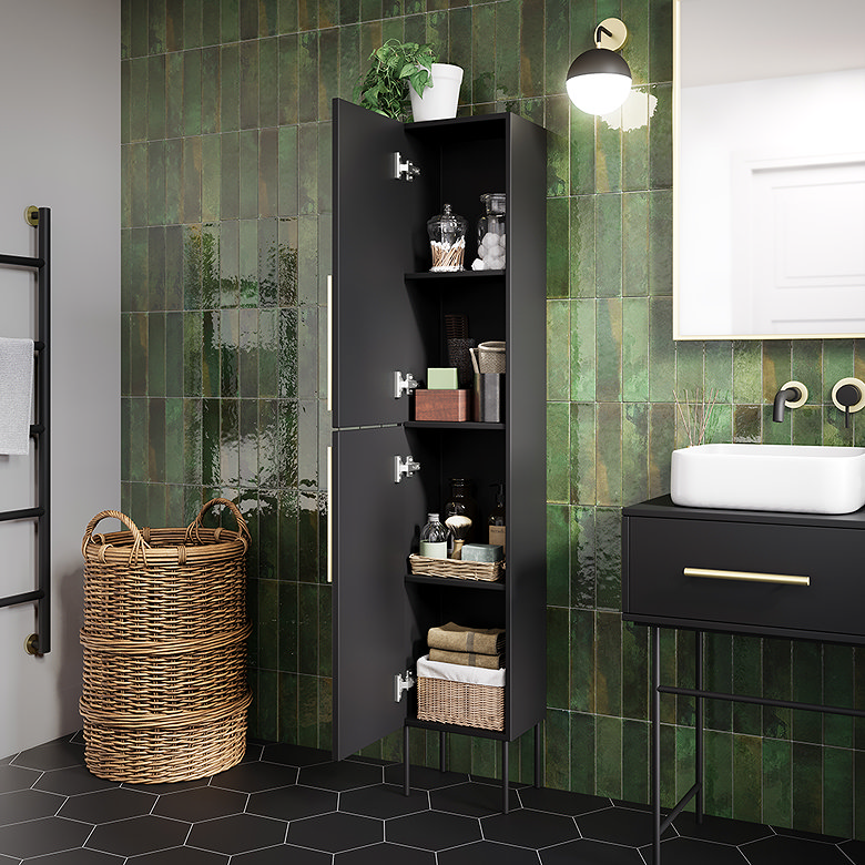 Tall black bathroom storage cabinet with open doors showing shelves organised with toiletries, baskets and towels