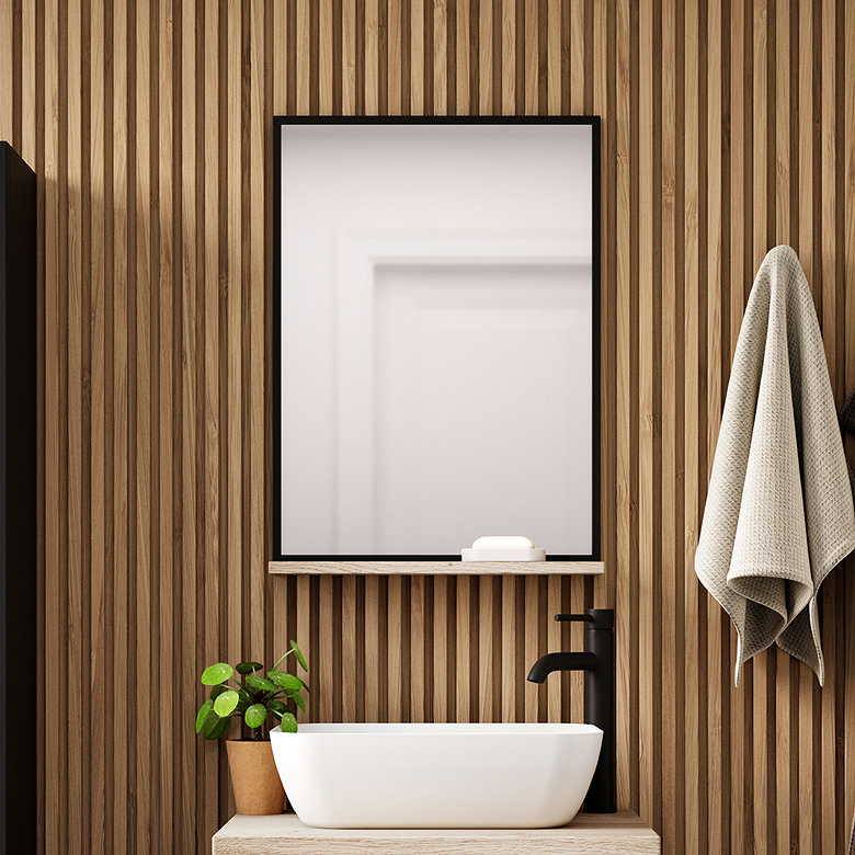 Bathroom mirror with a slim wooden shelf for keeping everyday toiletries within easy reach