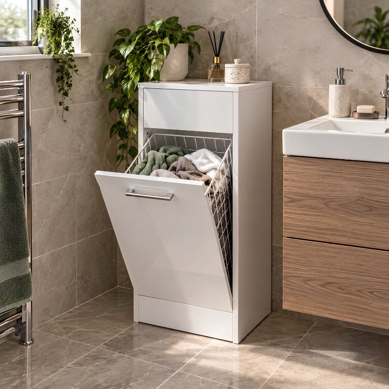 Slim bathroom laundry cabinet with open tilt-out basket for storing towels and washing