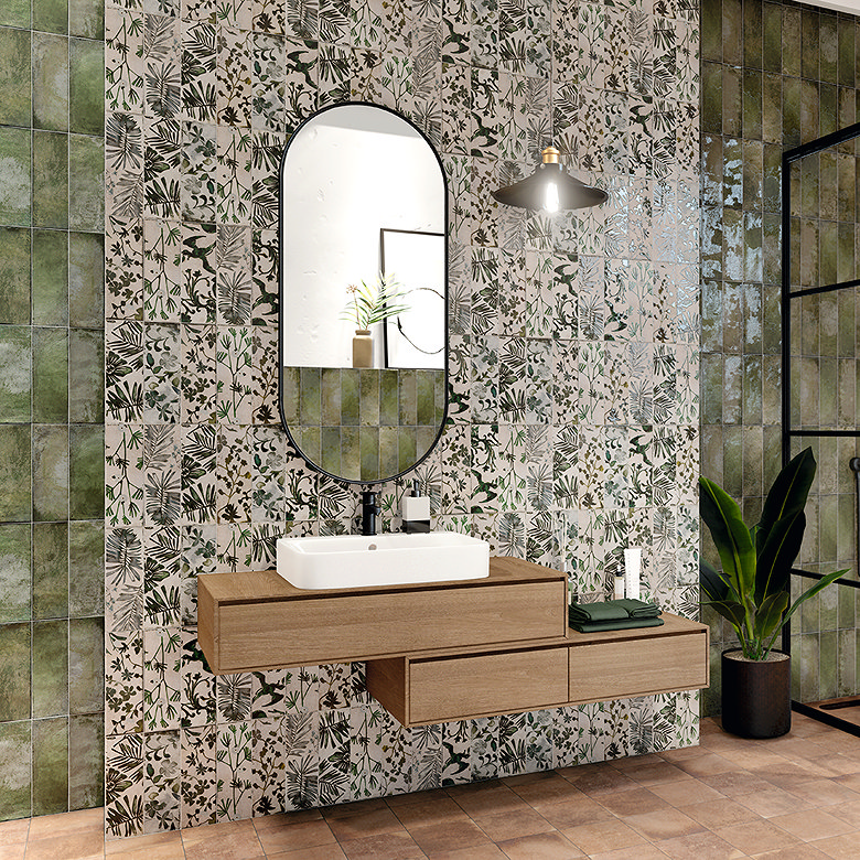 rustic floral tiles in bohemian bathroom