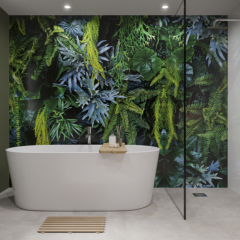 botanical wall panel in boho bathroom