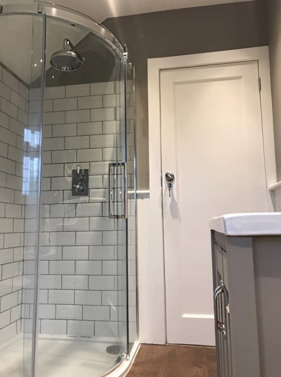 Emily's quadrant shower enclosure with white metro tiles behind | Emily's Traditional Bathroom - Bromley, Kent