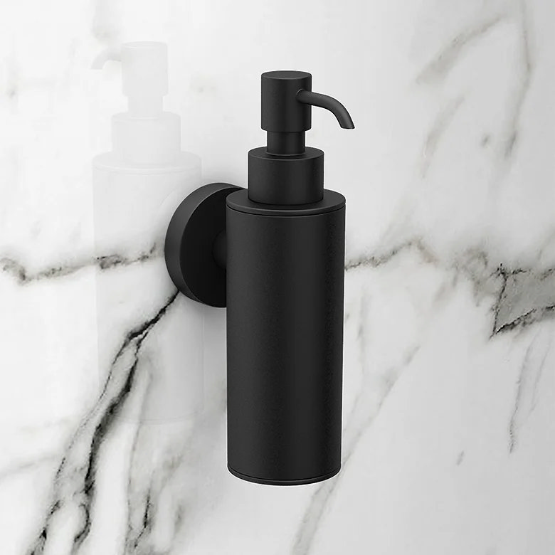 black wall mounted soap dispenser, marble wall
