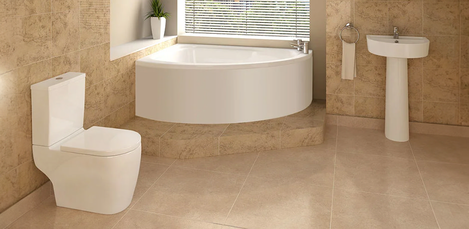 natural stone bathroom, white fixtures