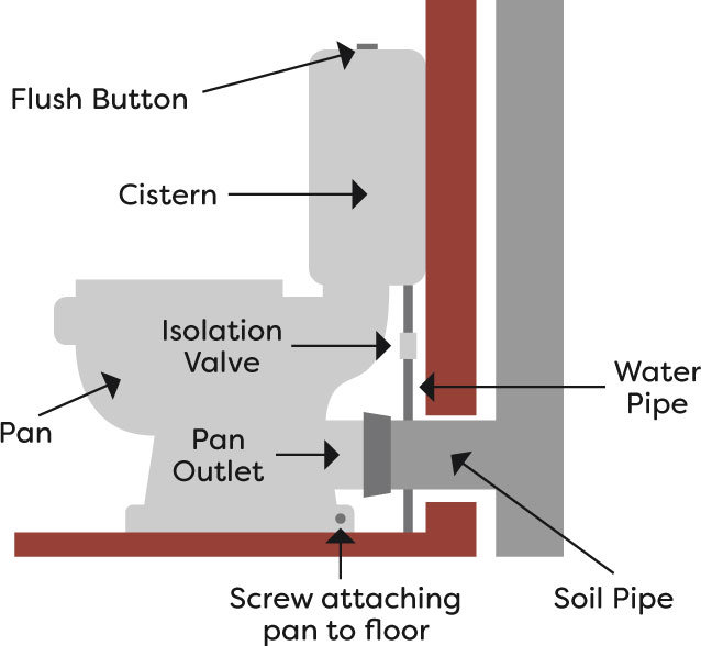 A simple diagram of how a toilet works - shows all the typical components that make up a toilet. Shows the location of all components; flush button, cistern, pan, isolation valve, pan outlet, screws for attaching to floor, water pipe and soil pipe - You could call it an anatomy of a toilet