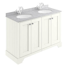 Bayswater Pointing White 1200mm 4 Door Vanity Unit &amp; 1TH Grey Marble Double Bowl Basin Top