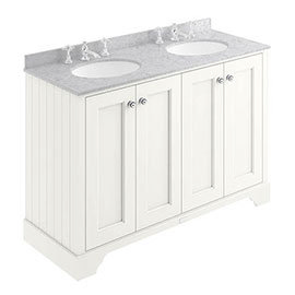 Bayswater Pointing White 1200mm 4 Door Vanity Unit &amp; 3TH Grey Marble Double Bowl Basin Top
