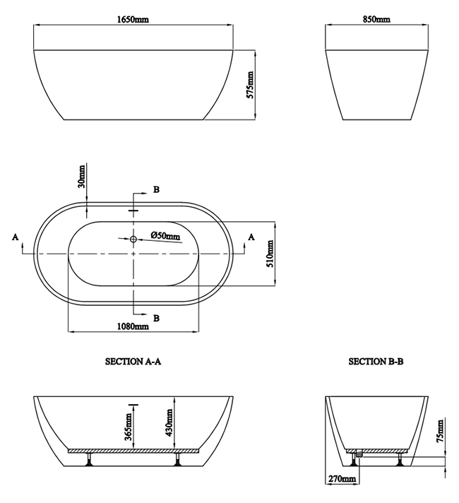 Verona Freestanding Modern Bath 1650 x 850 x 575mm