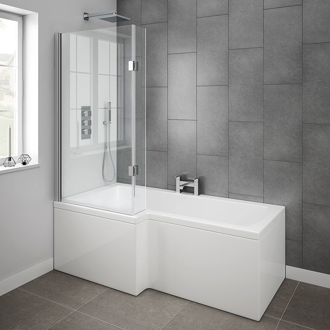 Milan Shower Bath - 1700mm L Shaped with Hinged Screen & Panel Feature Large Image