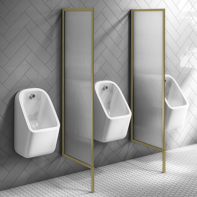 2 x Arezzo Fluted Glass Brushed Brass Framed Urinal Partitions Large Image