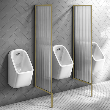 2 x Arezzo Fluted Glass Brushed Brass Framed Urinal Partitions  Profile Large Image