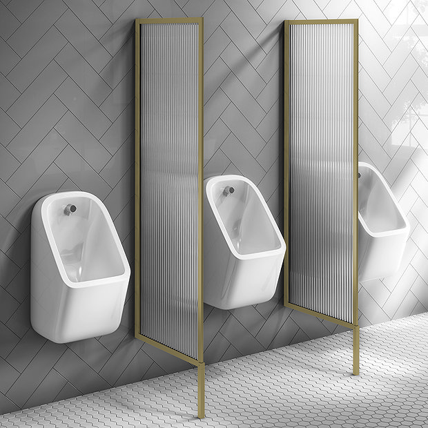 2 x Arezzo Fluted Glass Brushed Brass Framed Urinal Partitions