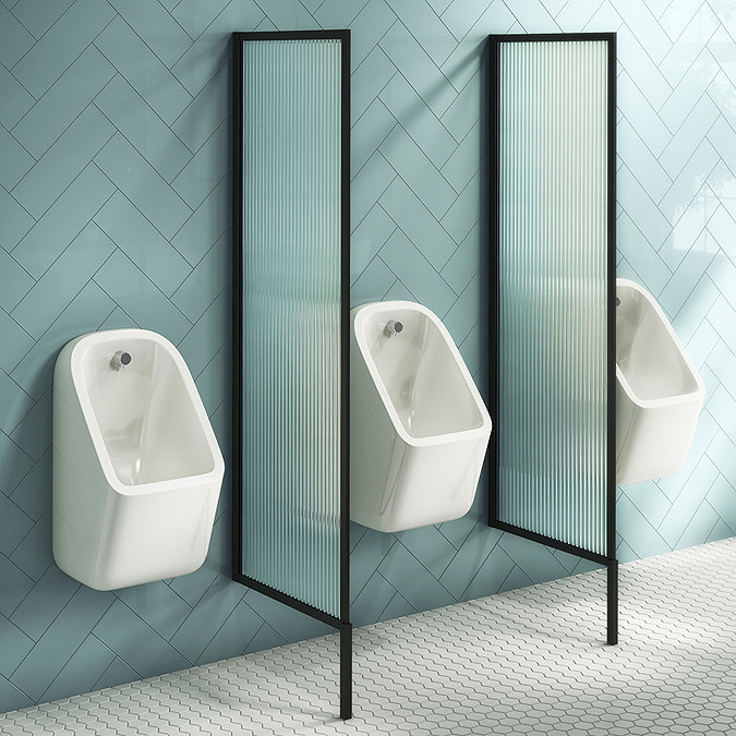 2 x Arezzo Fluted Glass Matt Black Framed Urinal Partitions Large Image