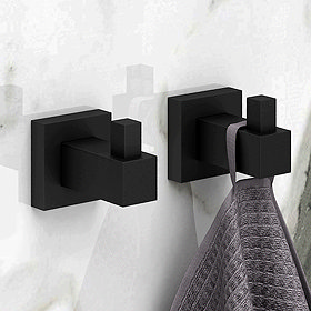 2 x Arezzo Matt Black Modern Square Robe Hooks Large Image