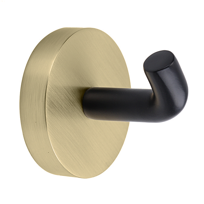 2 x Gatsby Matt Black Wall Mounted Robe/Towel Hooks with Brushed Brass Discs