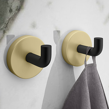 2 x Gatsby Matt Black Wall Mounted Robe/Towel Hooks with Brushed Brass Discs