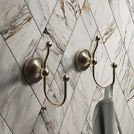 2 x Chatsworth 1928 Brushed Antique Brass Effect Traditional Double Robe Hooks