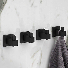 4 x Arezzo Matt Black Modern Square Robe Hooks Large Image