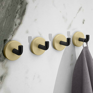 4 x Gatsby Matt Black Wall Mounted Robe/Towel Hooks with Brushed Brass Discs