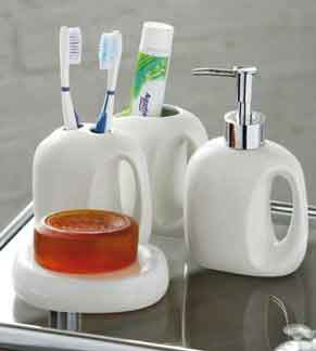 4pc Cream Ceramic Bathroom Set w/Oval Handle Style Hole Large Image